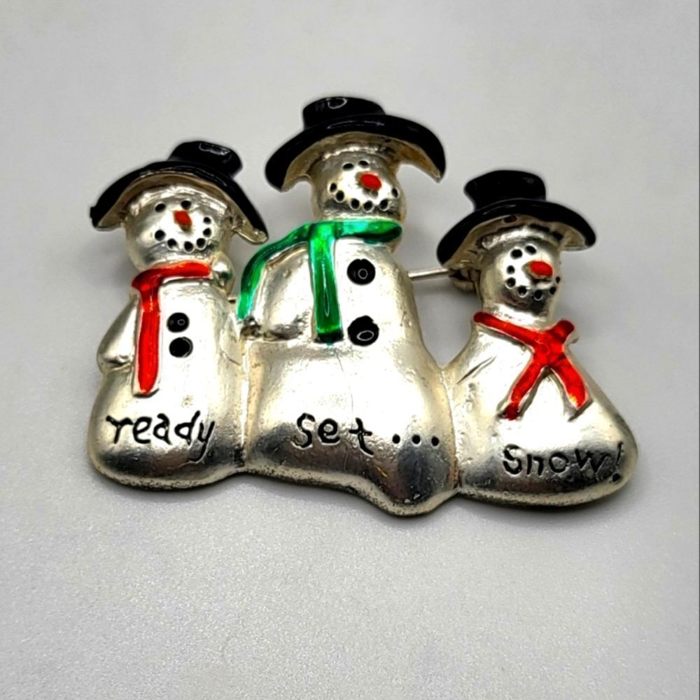 "5/$25" 3 Snowmen Silvertone Enamel Winter Holiday Brooch